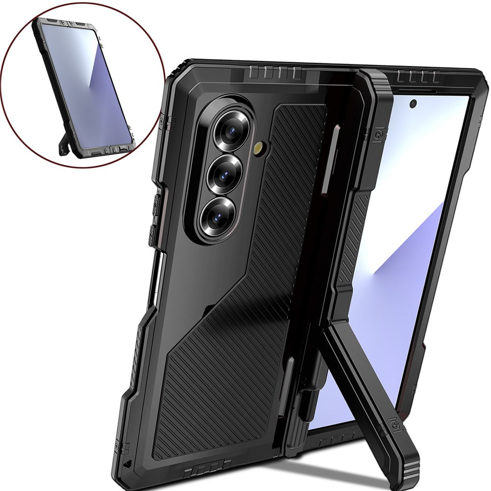 For Samsung Galaxy Z Fold7 5G Case Aluminium Alloy + Silicone Kickstand Cover with PET Screen Film - Black