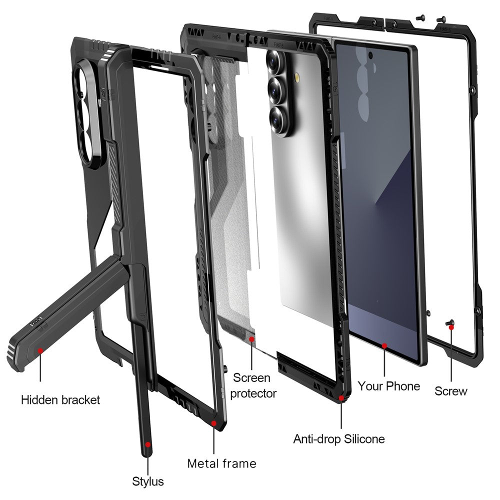 For Samsung Galaxy Z Fold7 5G Case Aluminium Alloy + Silicone Kickstand Cover with PET Screen Film - Black