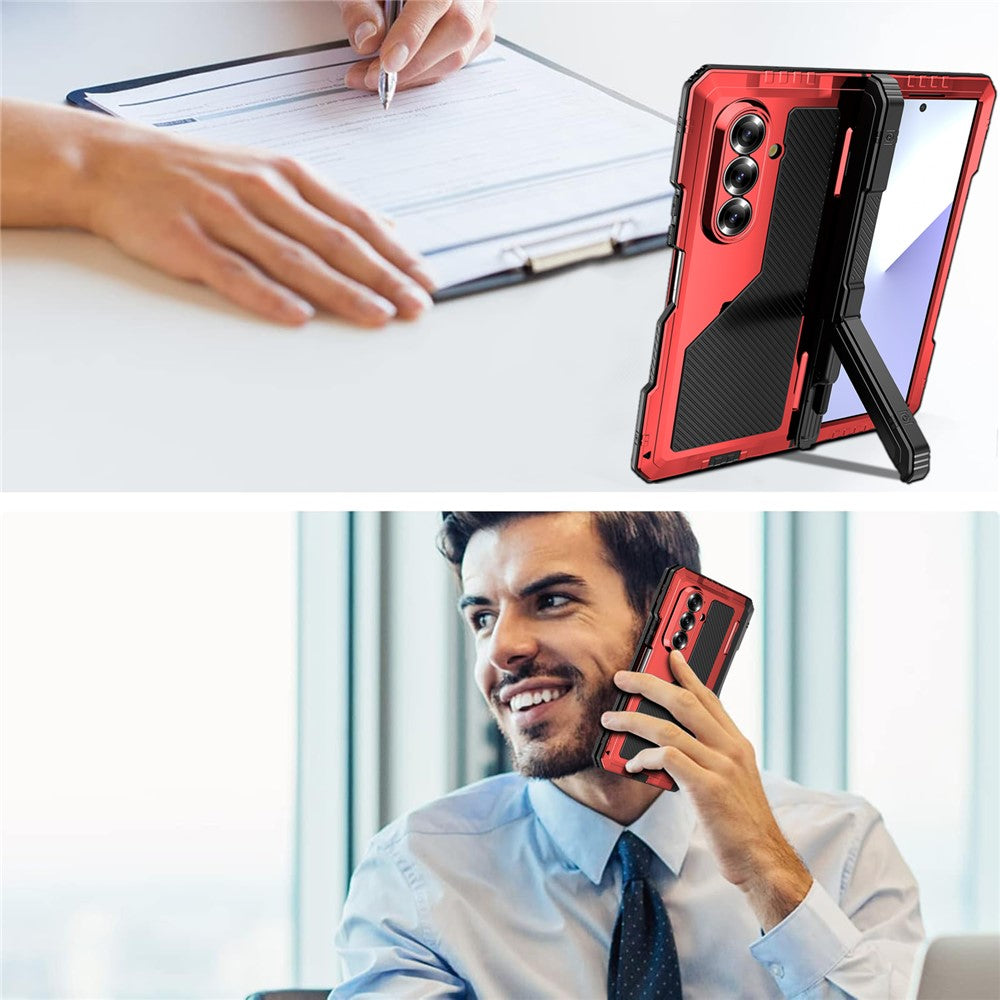 For Samsung Galaxy Z Fold7 5G Case Aluminium Alloy + Silicone Kickstand Cover with PET Screen Film - Red