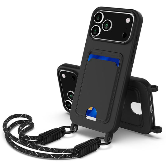 For iPhone 17 Pro Max Case Liquid Silicone Card Holder Phone Back Cover with Wrist Strap - Black