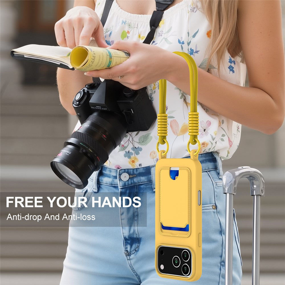 For iPhone 17 Pro Max Case Liquid Silicone Card Holder Phone Back Cover with Wrist Strap - Yellow