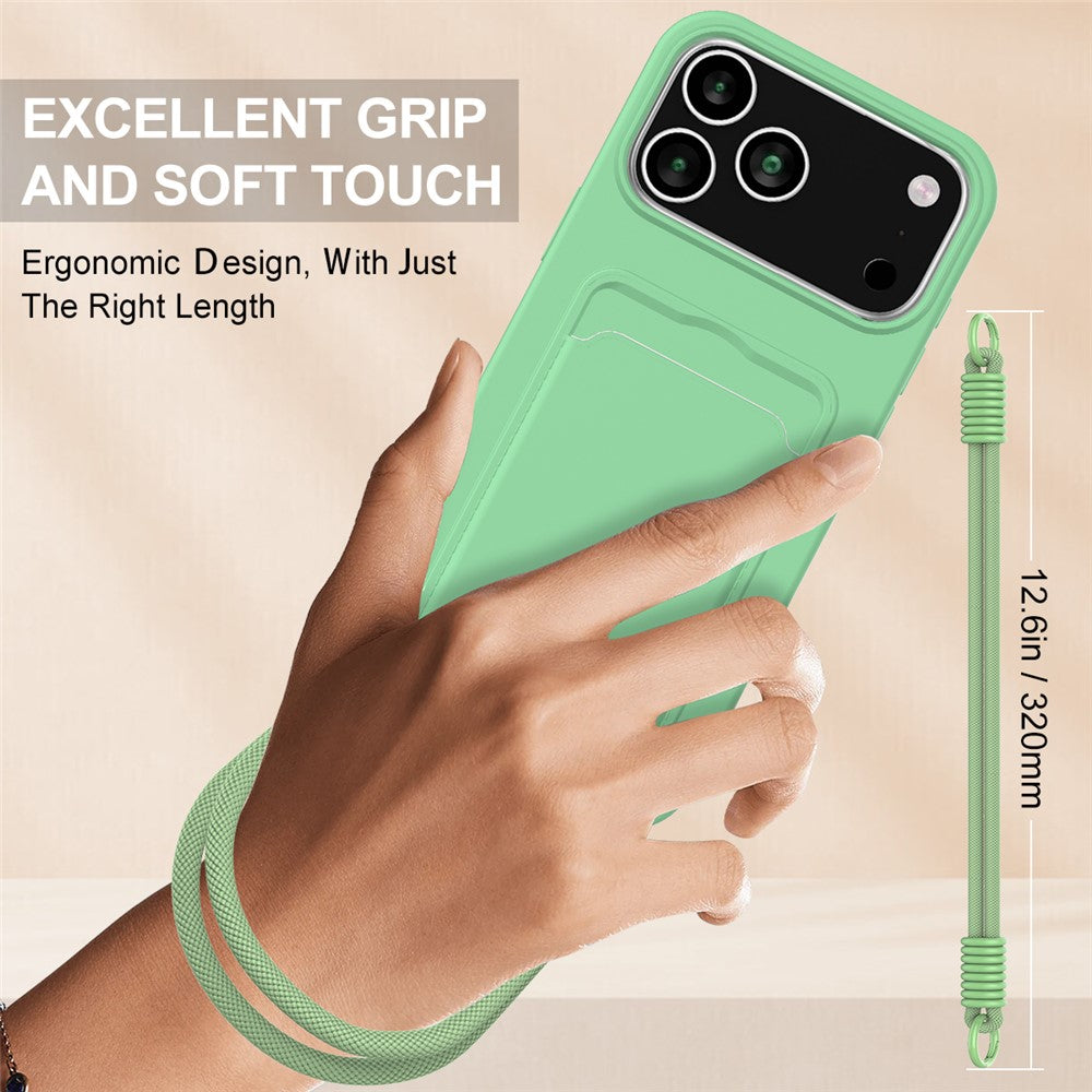 For iPhone 17 Pro Max Case Liquid Silicone Card Holder Phone Back Cover with Wrist Strap - Green