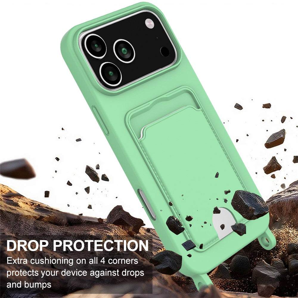 For iPhone 17 Pro Max Case Liquid Silicone Card Holder Phone Back Cover with Wrist Strap - Green