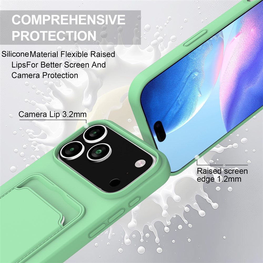 For iPhone 17 Pro Max Case Liquid Silicone Card Holder Phone Back Cover with Wrist Strap - Green