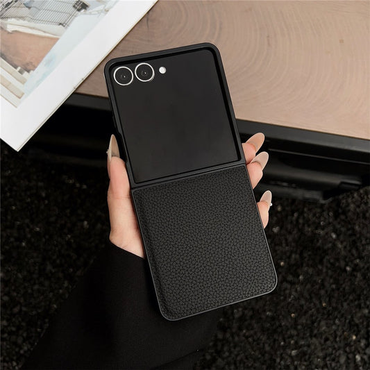 For Samsung Galaxy Z Flip7 5G Case Litchi Texture PU Leather + PC Foldable Phone Cover - Black