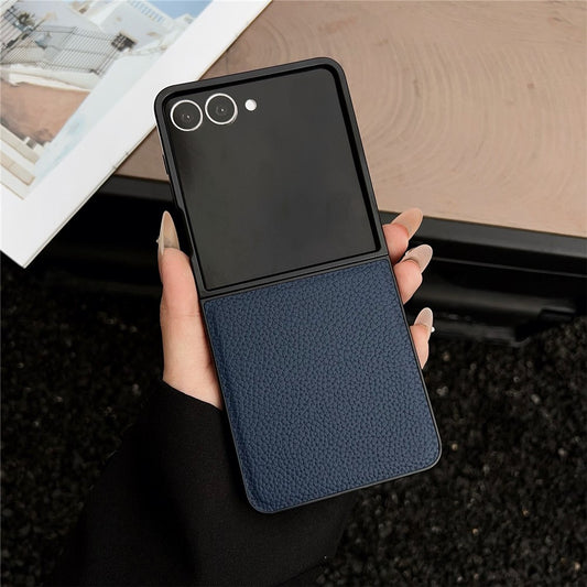 For Samsung Galaxy Z Flip7 5G Case Litchi Texture PU Leather + PC Foldable Phone Cover - Blue