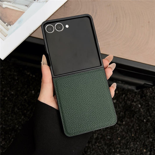 For Samsung Galaxy Z Flip7 5G Case Litchi Texture PU Leather + PC Foldable Phone Cover - Green