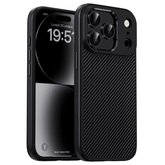 IPAKY For iPhone 17 Pro Max TPU Case Carbon Fiber Texture Phone Cover Metal Lens Frame - Black