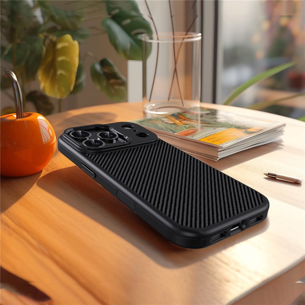 IPAKY For iPhone 17 Pro Max TPU Case Carbon Fiber Texture Phone Cover Metal Lens Frame - Black