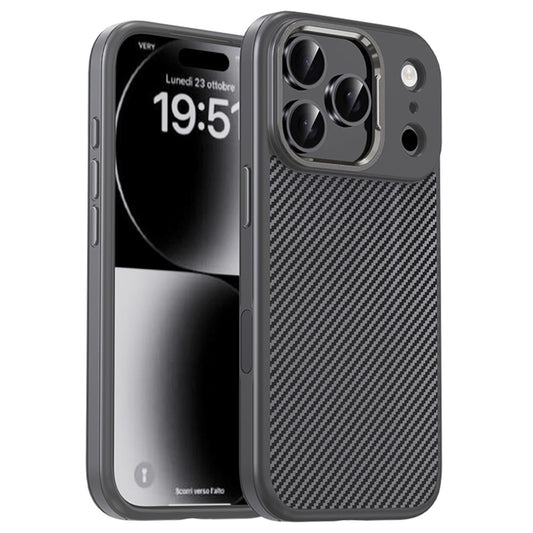 IPAKY For iPhone 17 Pro Max TPU Case Carbon Fiber Texture Phone Cover Metal Lens Frame - Grey