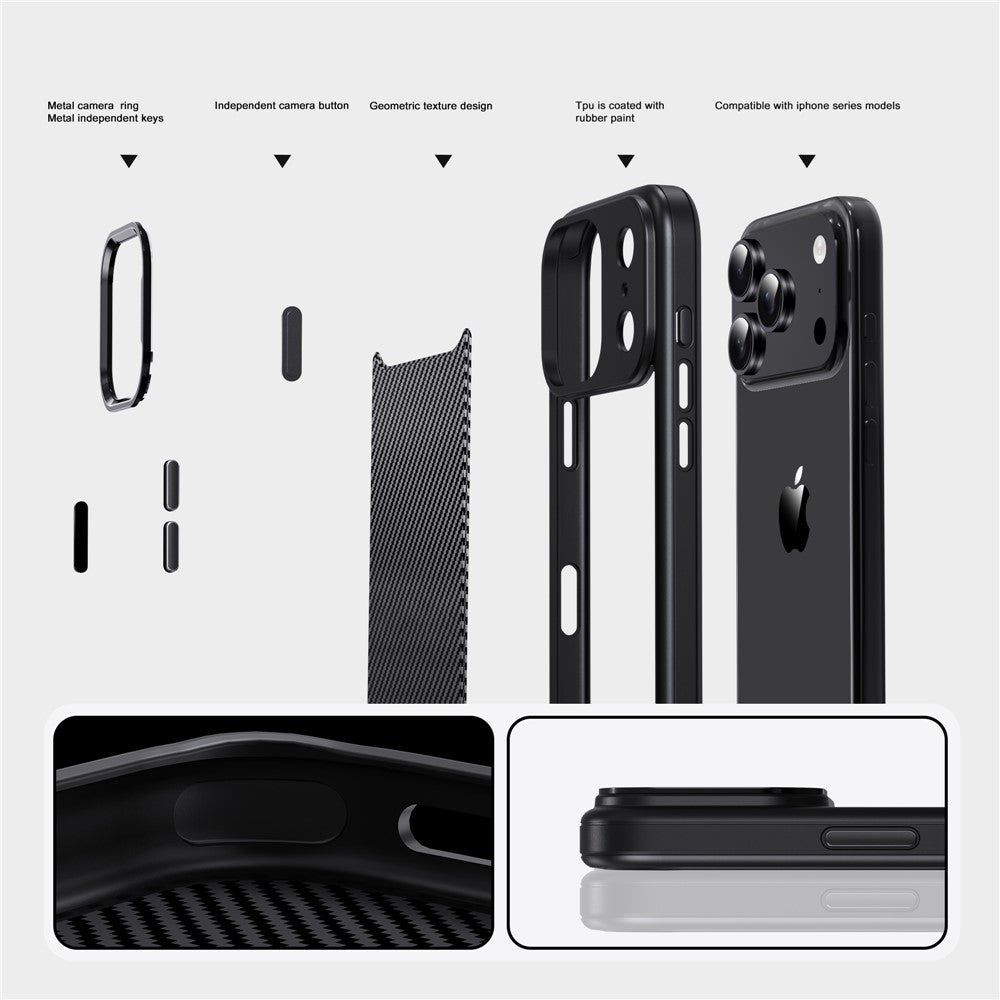 IPAKY For iPhone 17 Pro Max TPU Case Carbon Fiber Texture Phone Cover Metal Lens Frame - Grey