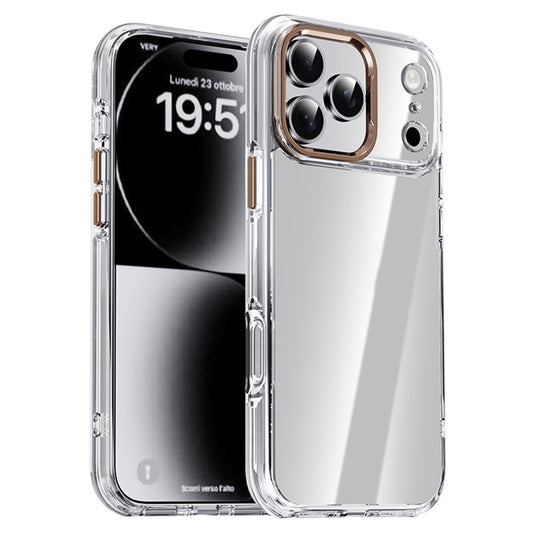 IPAKY For iPhone 17 Pro Max Clear Case Metal Lens Frame Shockproof TPU Phone Cover - Desert Gold