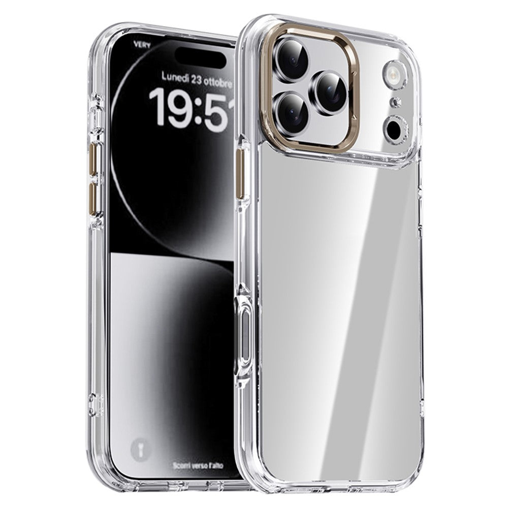 IPAKY For iPhone 17 Pro Max Clear Case Metal Lens Frame Shockproof TPU Phone Cover - Titanium Gold