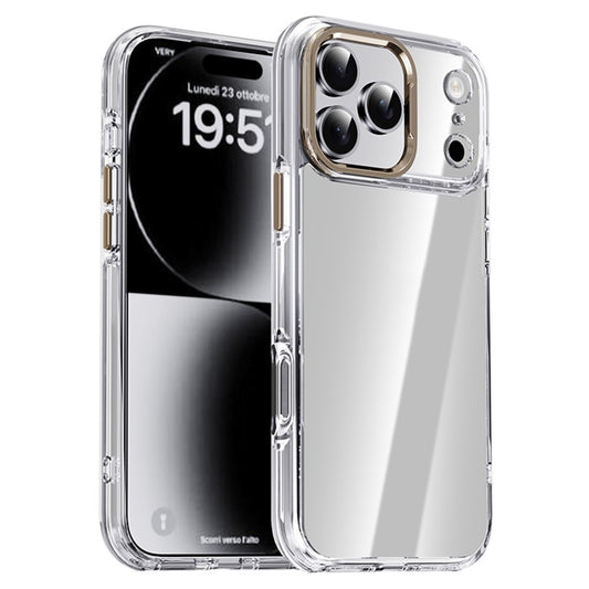 IPAKY For iPhone 17 Pro Max Clear Case Metal Lens Frame Shockproof TPU Phone Cover - Titanium Gold