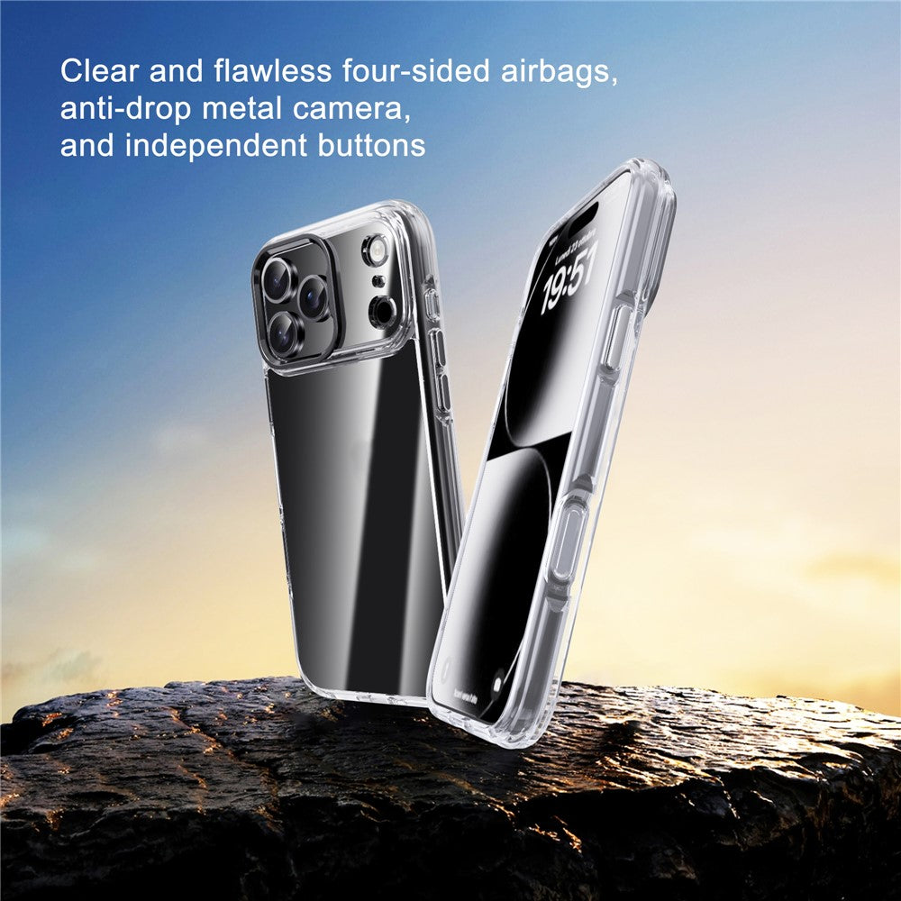 IPAKY For iPhone 17 Pro Max Clear Case Metal Lens Frame Shockproof TPU Phone Cover - Titanium Gold