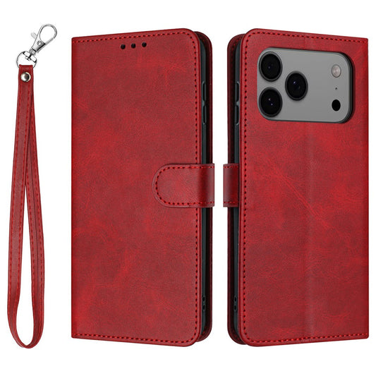 For iPhone 17 Pro Max Case Flip Stand Calf Texture PU Leather Wallet Phone Cover with Strap - Red