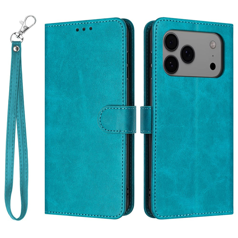 For iPhone 17 Pro Max Case Flip Stand Calf Texture PU Leather Wallet Phone Cover with Strap - Green
