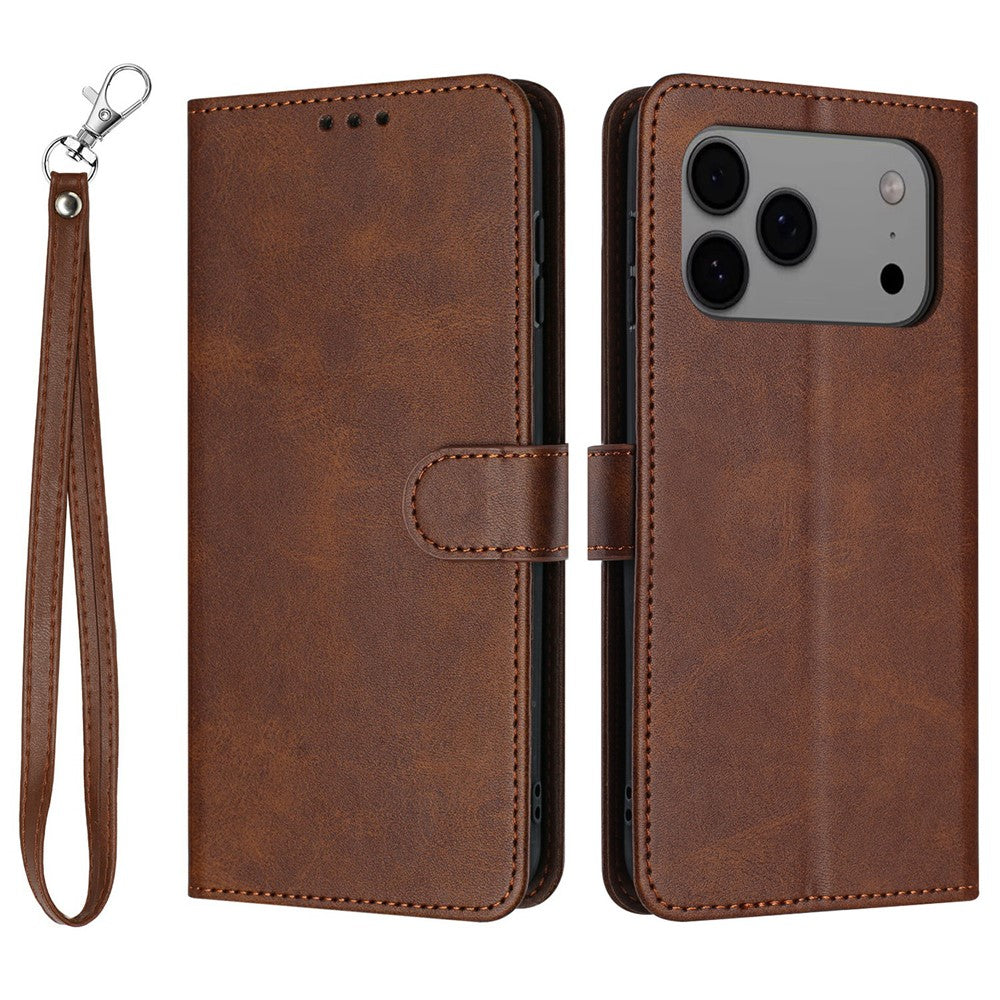 For iPhone 17 Pro Max Case Flip Stand Calf Texture PU Leather Wallet Phone Cover with Strap - Brown