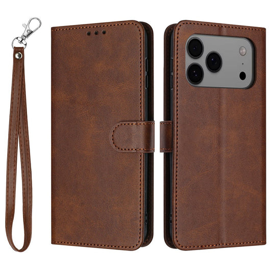 For iPhone 17 Pro Max Case Flip Stand Calf Texture PU Leather Wallet Phone Cover with Strap - Brown