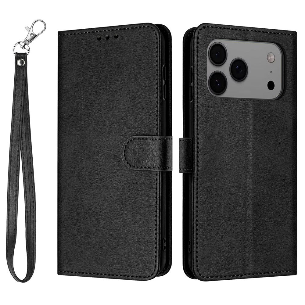 For iPhone 17 Pro Max Case Flip Stand Calf Texture PU Leather Wallet Phone Cover with Strap - Black