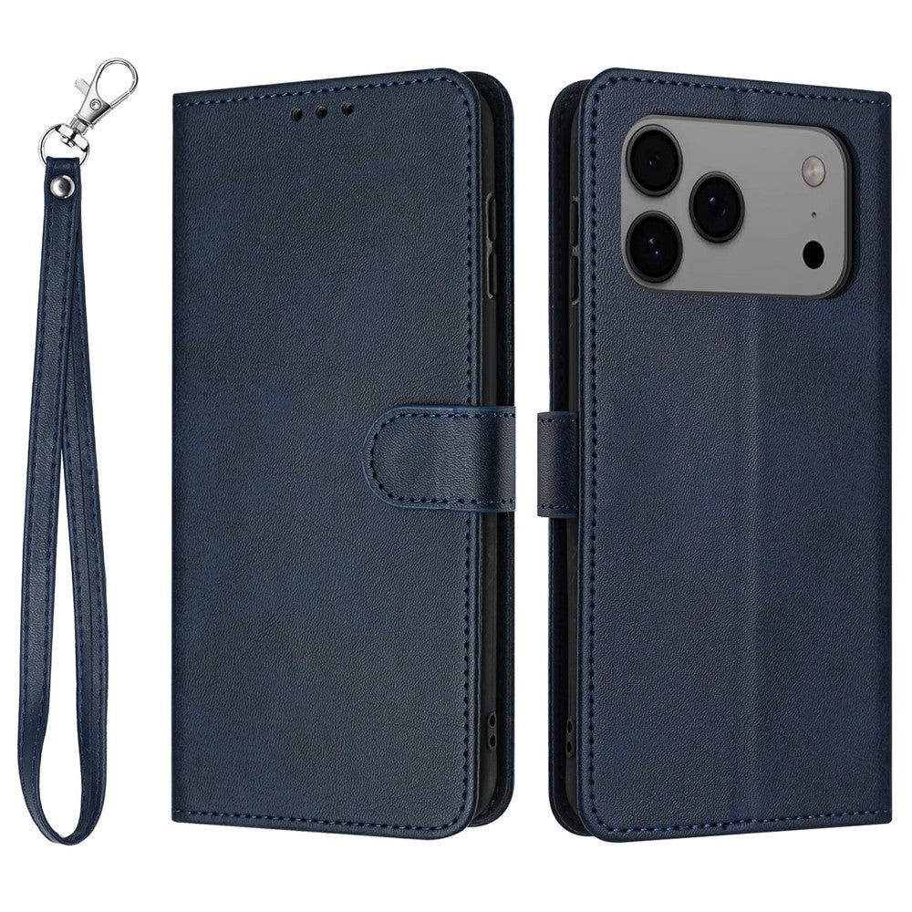 For iPhone 17 Pro Max Case Flip Stand Calf Texture PU Leather Wallet Phone Cover with Strap - Blue
