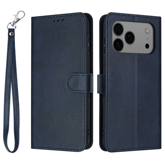 For iPhone 17 Pro Max Case Flip Stand Calf Texture PU Leather Wallet Phone Cover with Strap - Blue