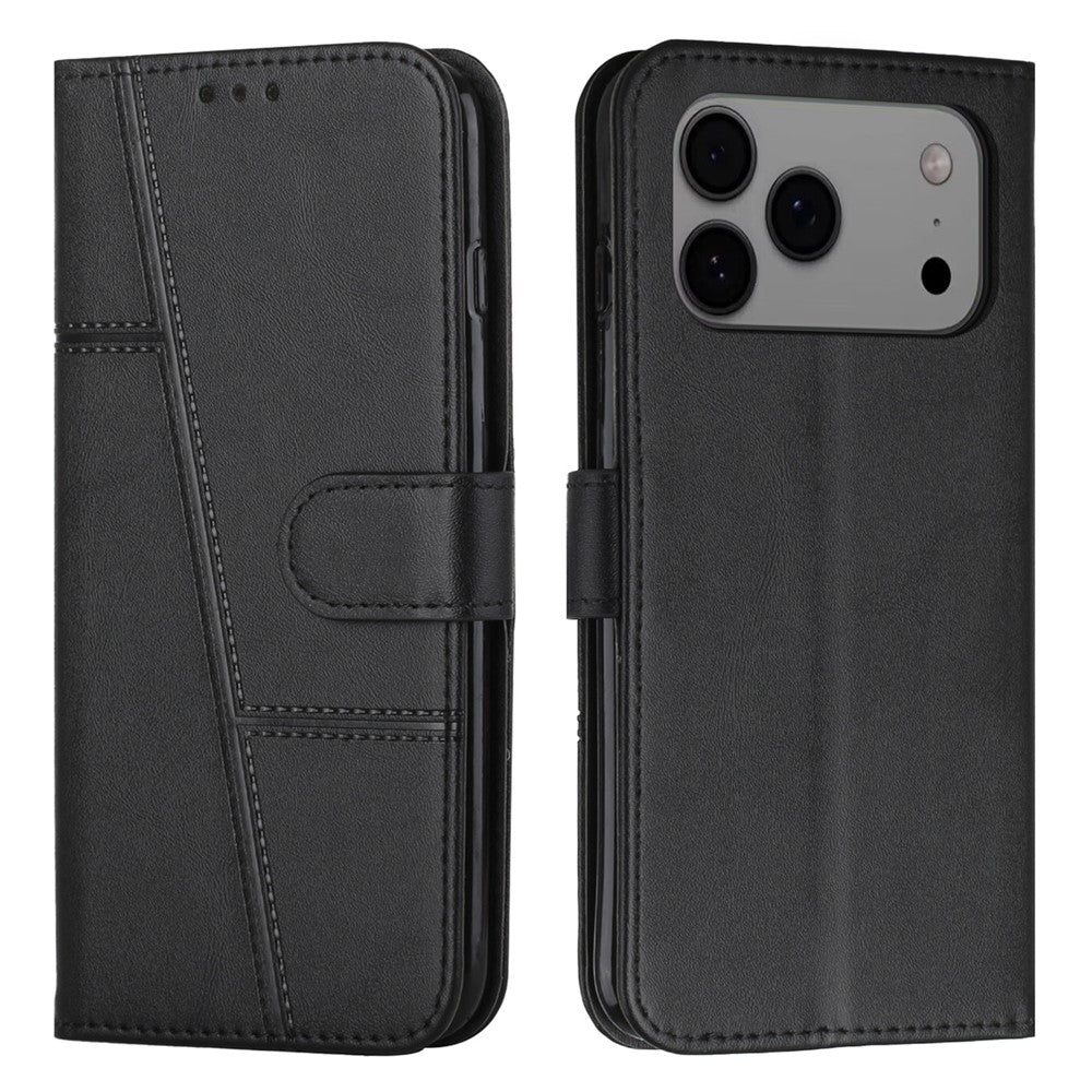 For iPhone 17 Pro Max Leather Phone Case Foldable Stand Wallet Flip Cover with Strap - Black