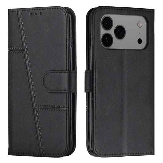 For iPhone 17 Pro Max Leather Phone Case Foldable Stand Wallet Flip Cover with Strap - Black