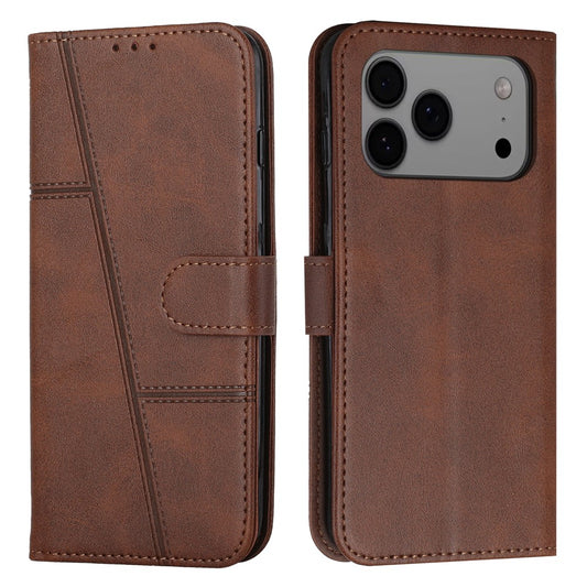 For iPhone 17 Pro Max Leather Phone Case Foldable Stand Wallet Flip Cover with Strap - Brown
