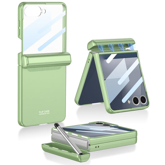 GKK For Samsung Galaxy Z Flip7 5G Case Magnetic Hinge Phone Cover with Front Screen Film and Pen - Matcha Green
