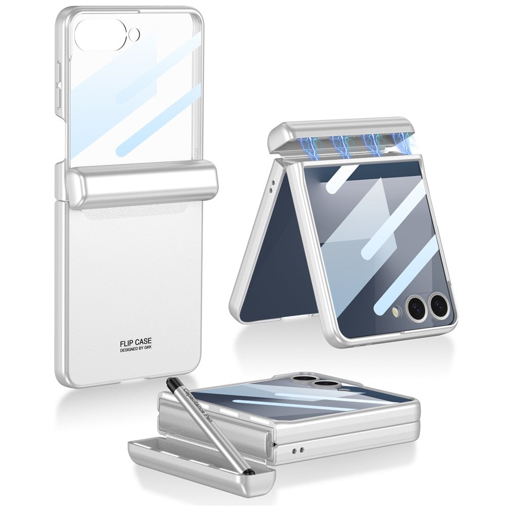 GKK For Samsung Galaxy Z Flip7 5G Case Magnetic Hinge Phone Cover with Front Screen Film and Pen - Silver