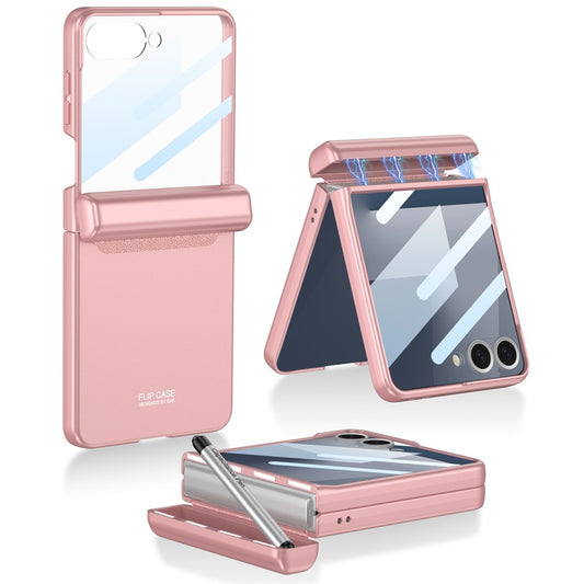 GKK For Samsung Galaxy Z Flip7 5G Case Magnetic Hinge Phone Cover with Front Screen Film and Pen - Pink