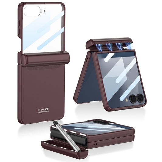 GKK For Samsung Galaxy Z Flip7 5G Case Magnetic Hinge Phone Cover with Front Screen Film and Pen - Wine Red