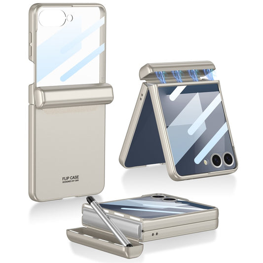 GKK For Samsung Galaxy Z Flip7 5G Case Magnetic Hinge Phone Cover with Front Screen Film and Pen - Titanium Grey
