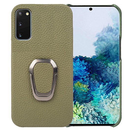 For Samsung Galaxy S20 4G / 5G Ring Kickstand Back Case Litchi Texture Genuine Leather Coated PC Phone Shockproof Cover - Dark Green