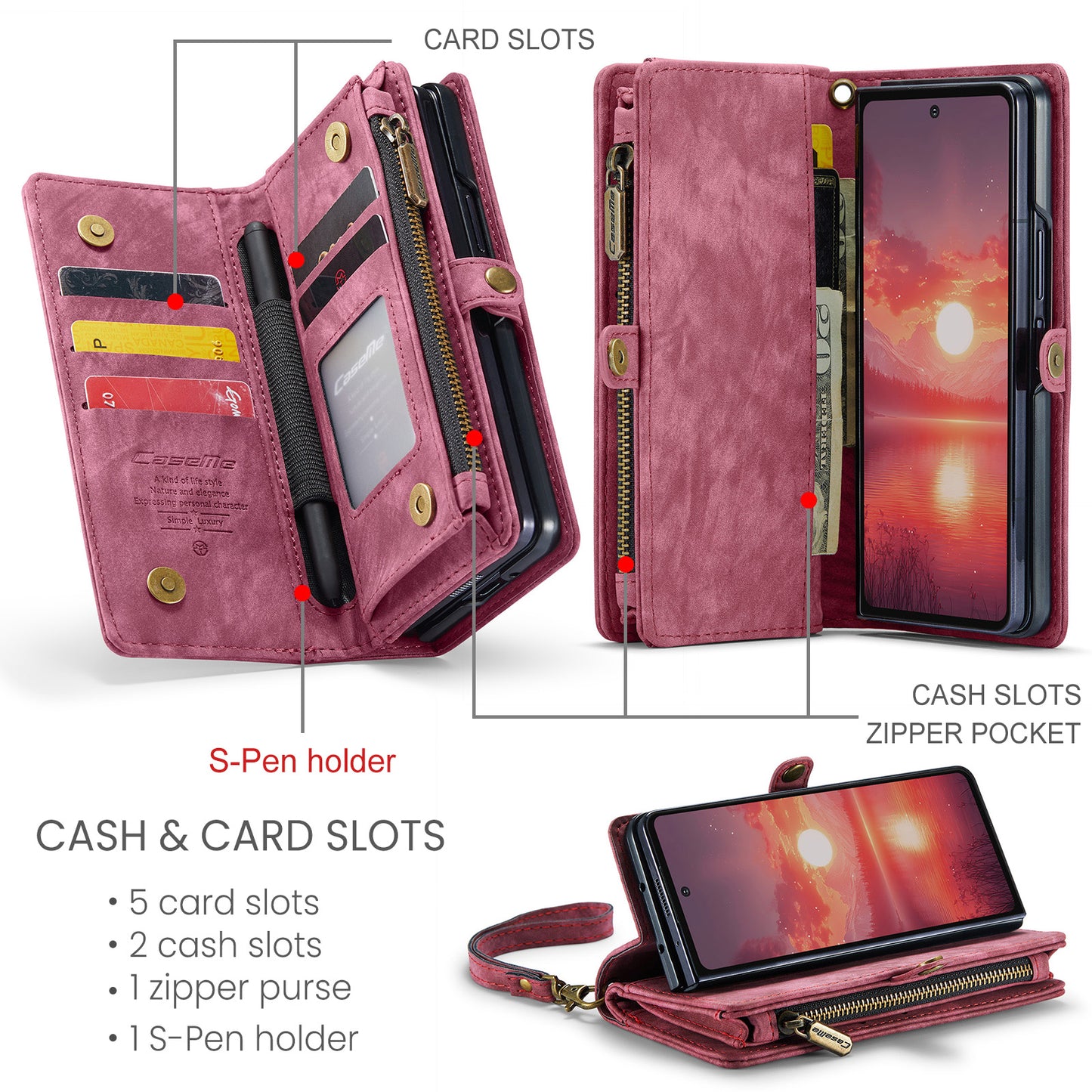 For Samsung Galaxy Z Fold7 5G Phone Cases CASEME 008 Leather Cover with Detachable Wallet and Strap - Red