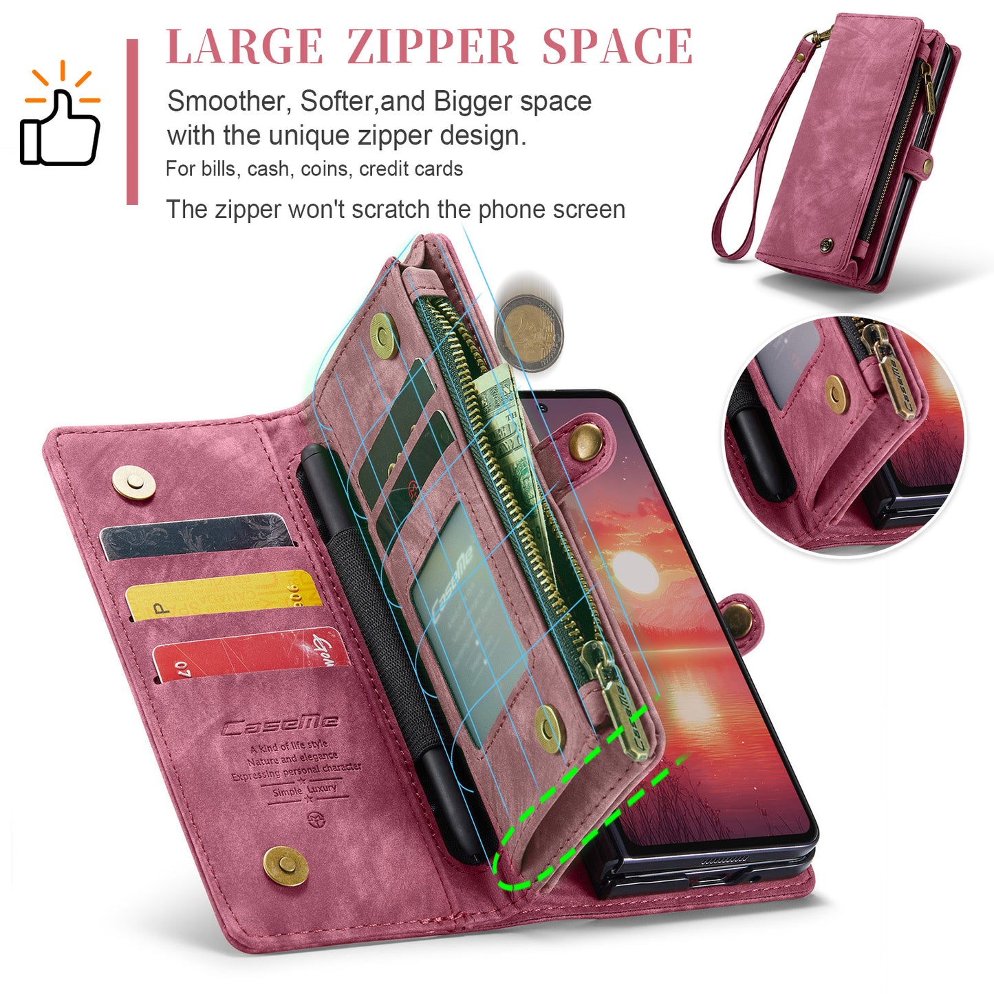 For Samsung Galaxy Z Fold7 5G Phone Cases CASEME 008 Leather Cover with Detachable Wallet and Strap - Red