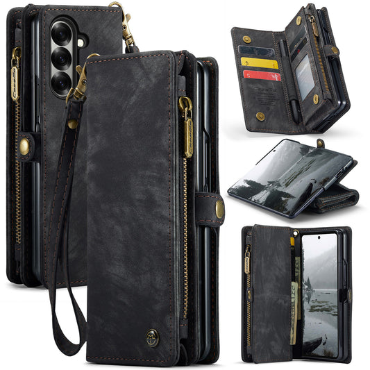 For Samsung Galaxy Z Fold7 5G Phone Cases CASEME 008 Leather Cover with Detachable Wallet and Strap - Black