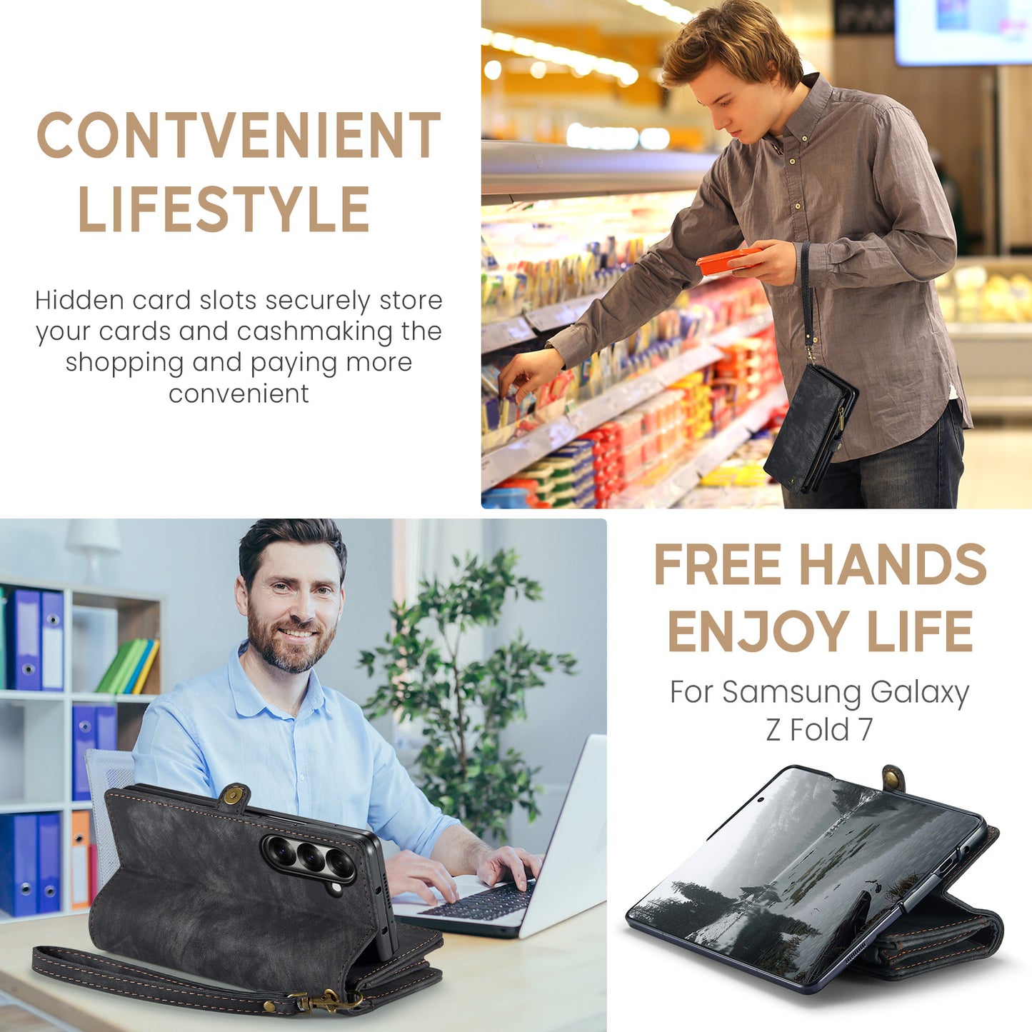 For Samsung Galaxy Z Fold7 5G Phone Cases CASEME 008 Leather Cover with Detachable Wallet and Strap - Black