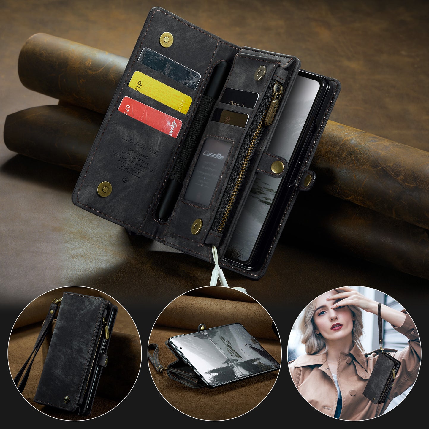 For Samsung Galaxy Z Fold7 5G Phone Cases CASEME 008 Leather Cover with Detachable Wallet and Strap - Black