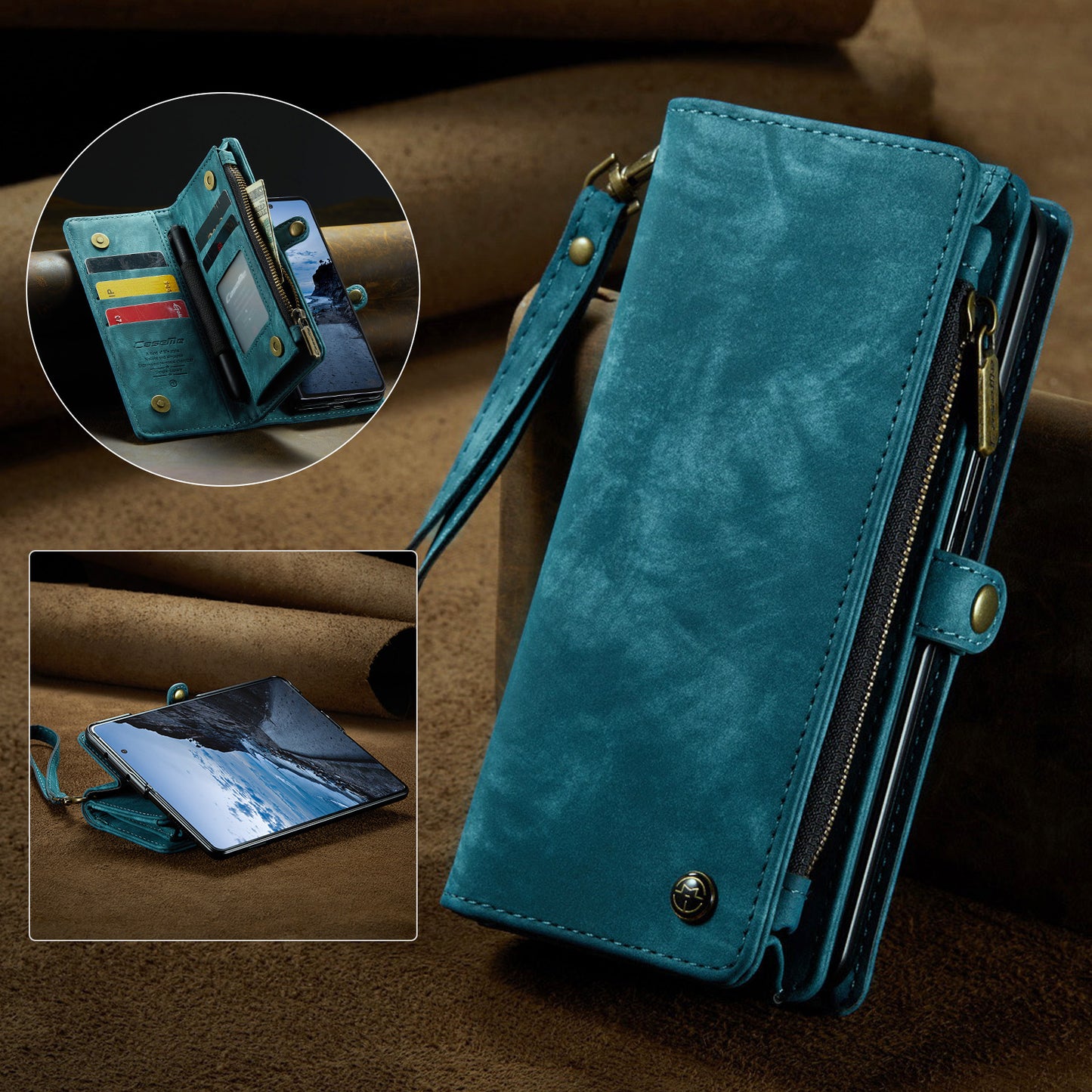 For Samsung Galaxy Z Fold7 5G Phone Cases CASEME 008 Leather Cover with Detachable Wallet and Strap - Blue