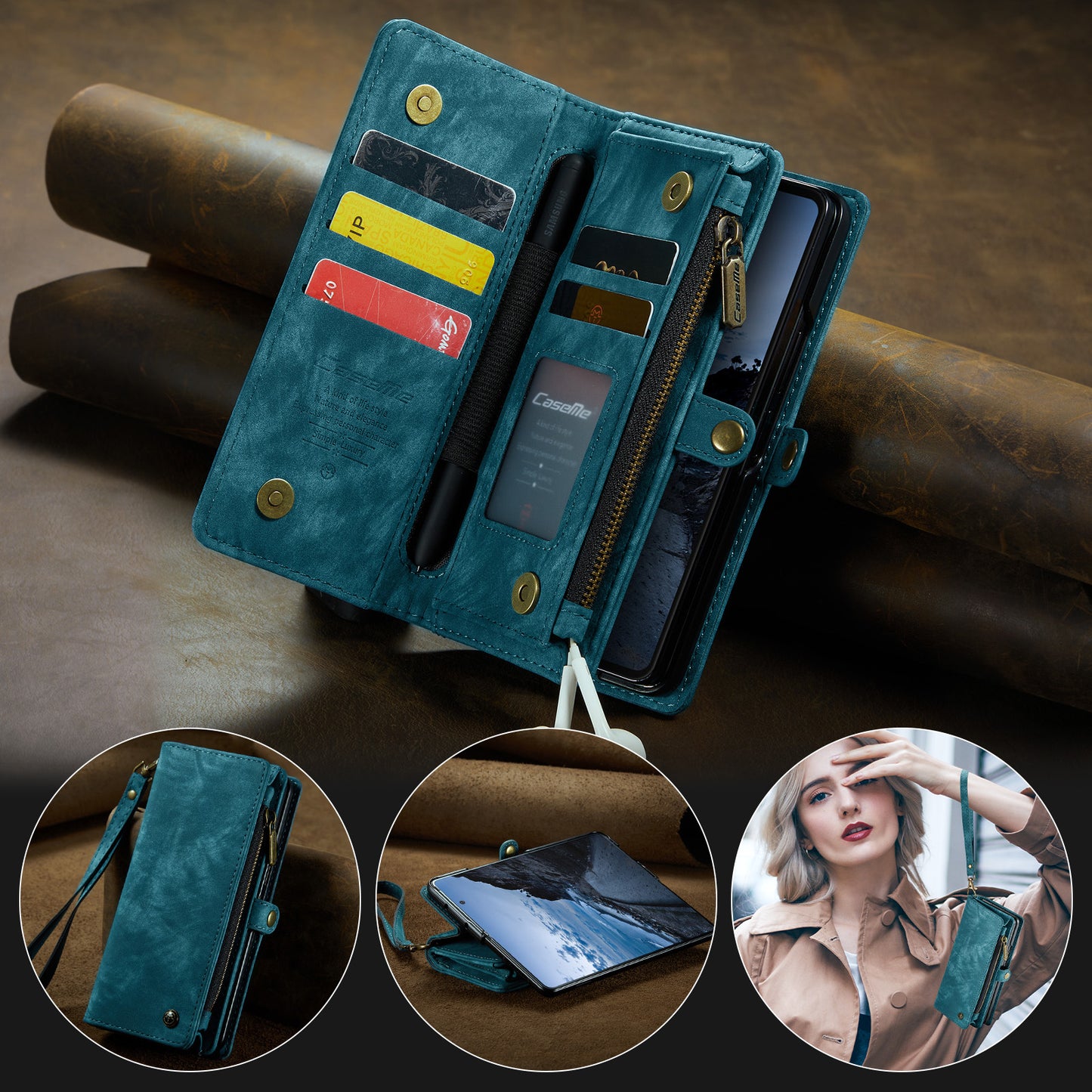 For Samsung Galaxy Z Fold7 5G Phone Cases CASEME 008 Leather Cover with Detachable Wallet and Strap - Blue