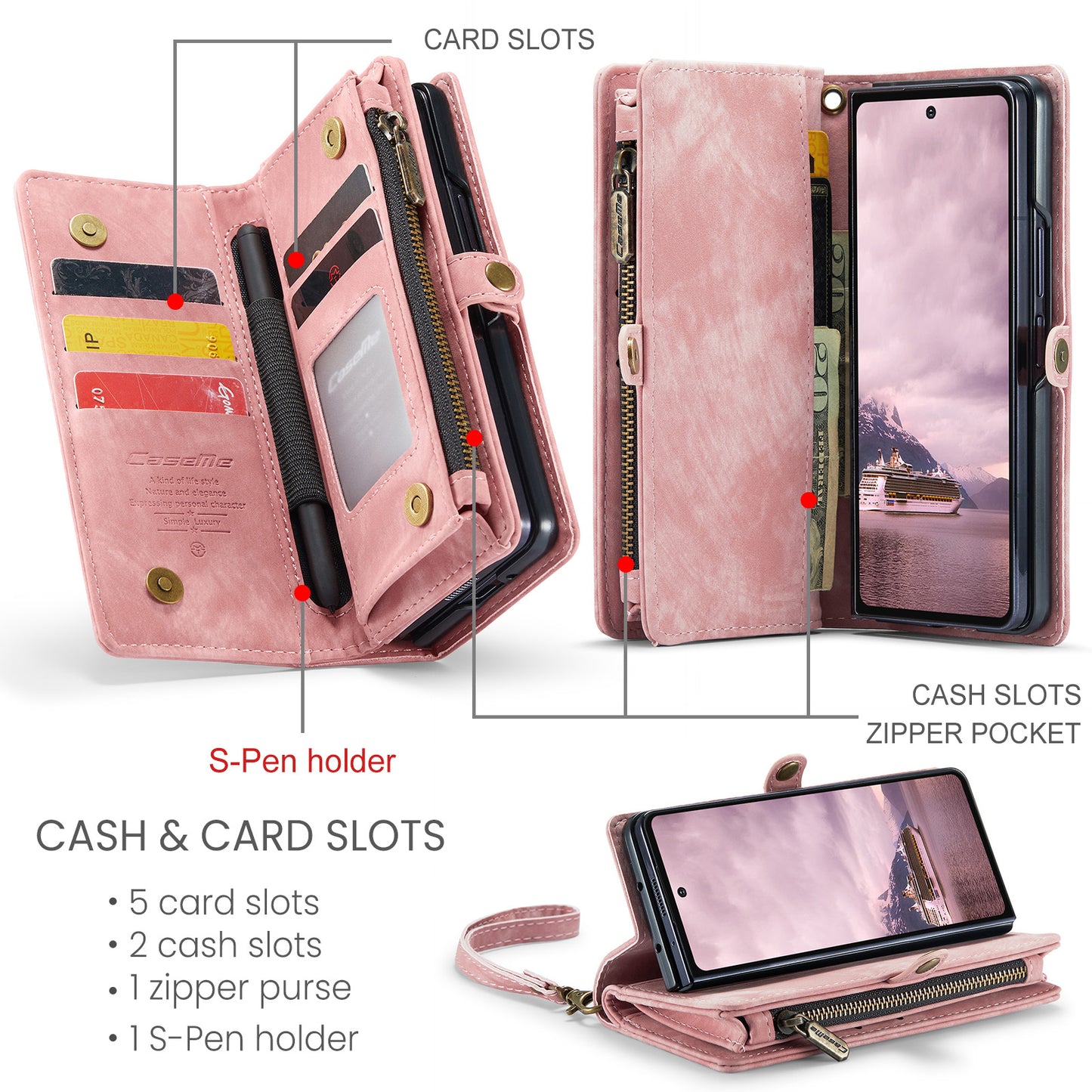 For Samsung Galaxy Z Fold7 5G Phone Cases CASEME 008 Leather Cover with Detachable Wallet and Strap - Pink