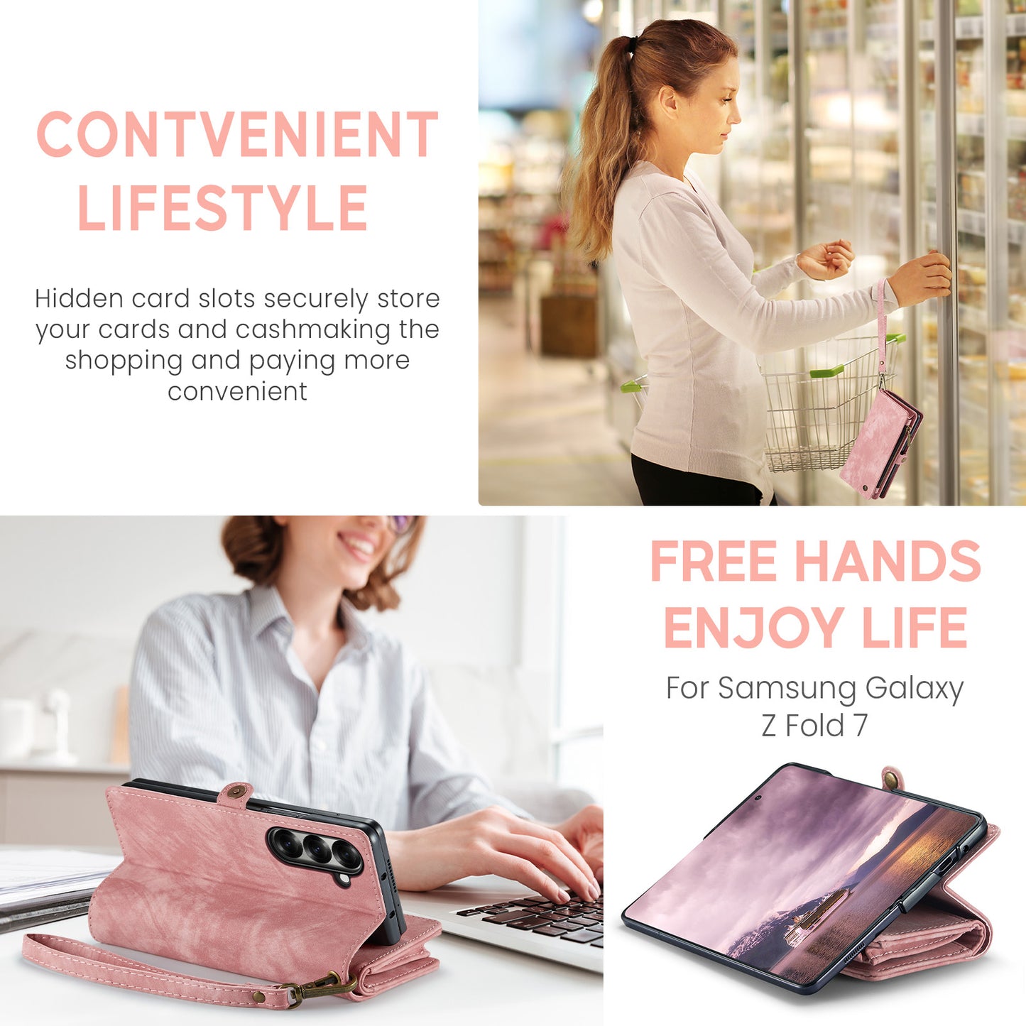 For Samsung Galaxy Z Fold7 5G Phone Cases CASEME 008 Leather Cover with Detachable Wallet and Strap - Pink