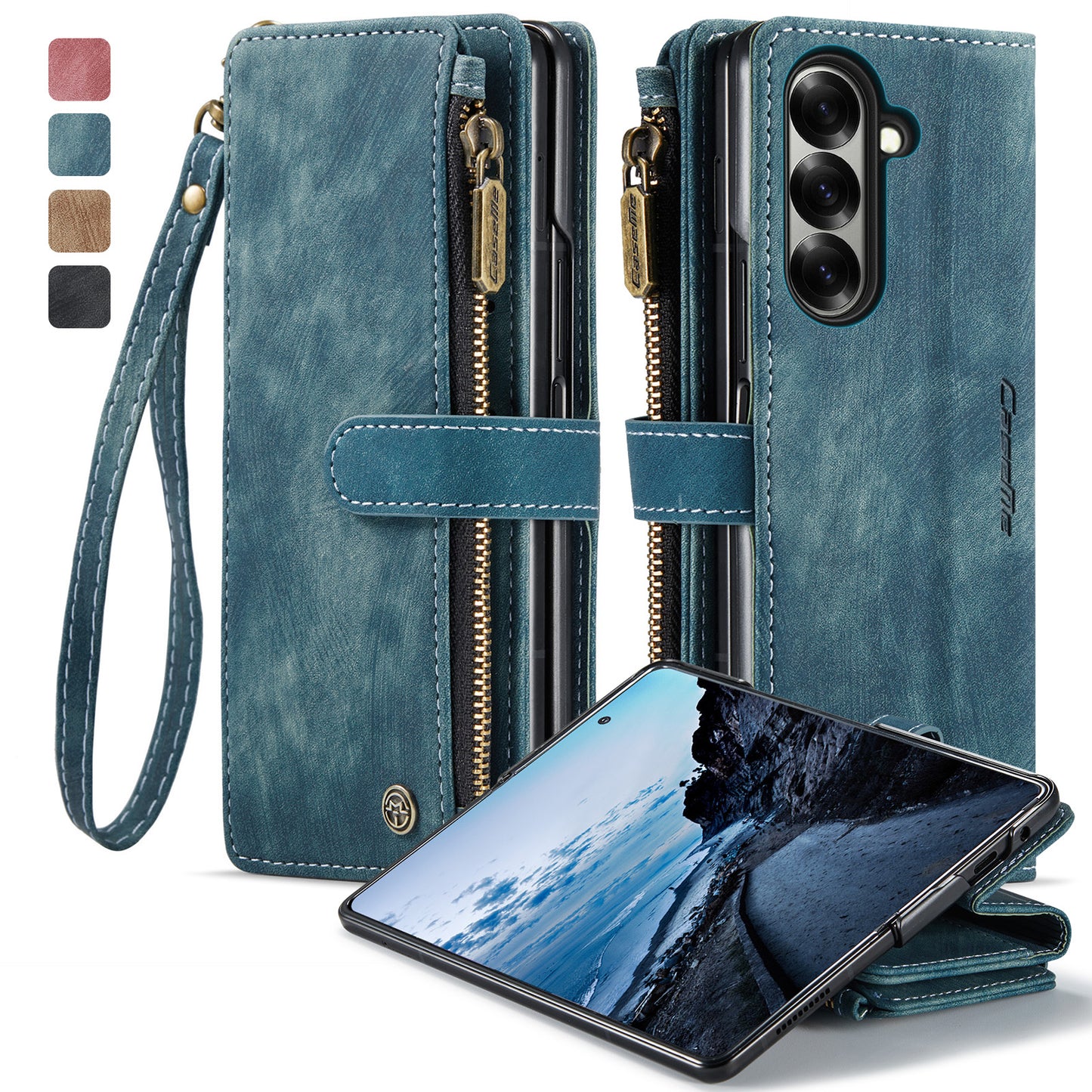For Samsung Galaxy Z Fold7 5G Phone Cases with Strap CASEME C30 Zipper Multiple Card Holder PU Leather Cover - Blue