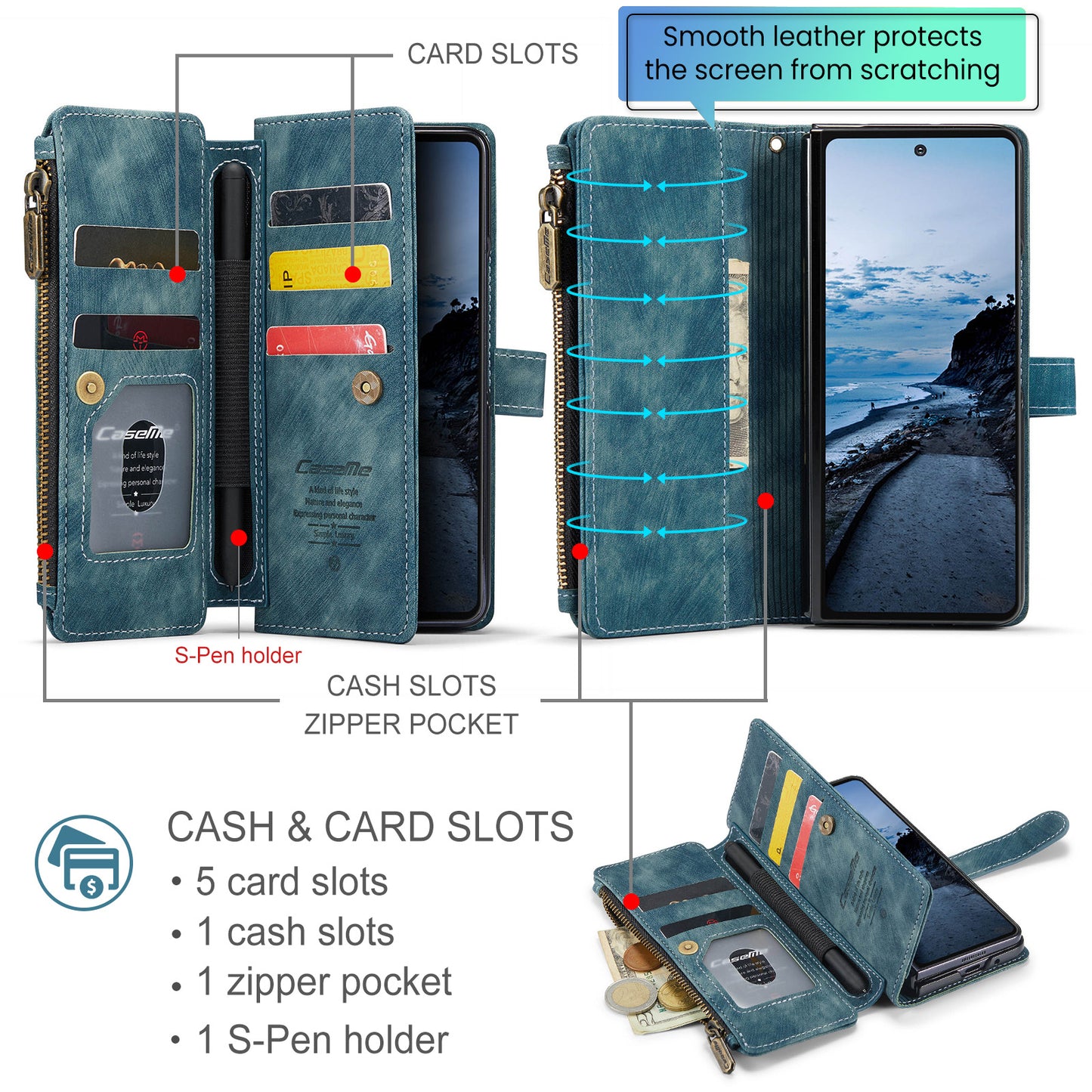 For Samsung Galaxy Z Fold7 5G Phone Cases with Strap CASEME C30 Zipper Multiple Card Holder PU Leather Cover - Blue