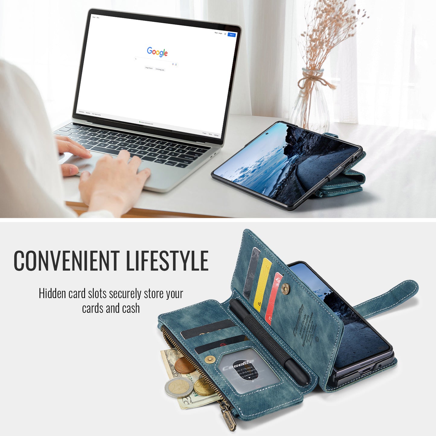 For Samsung Galaxy Z Fold7 5G Phone Cases with Strap CASEME C30 Zipper Multiple Card Holder PU Leather Cover - Blue