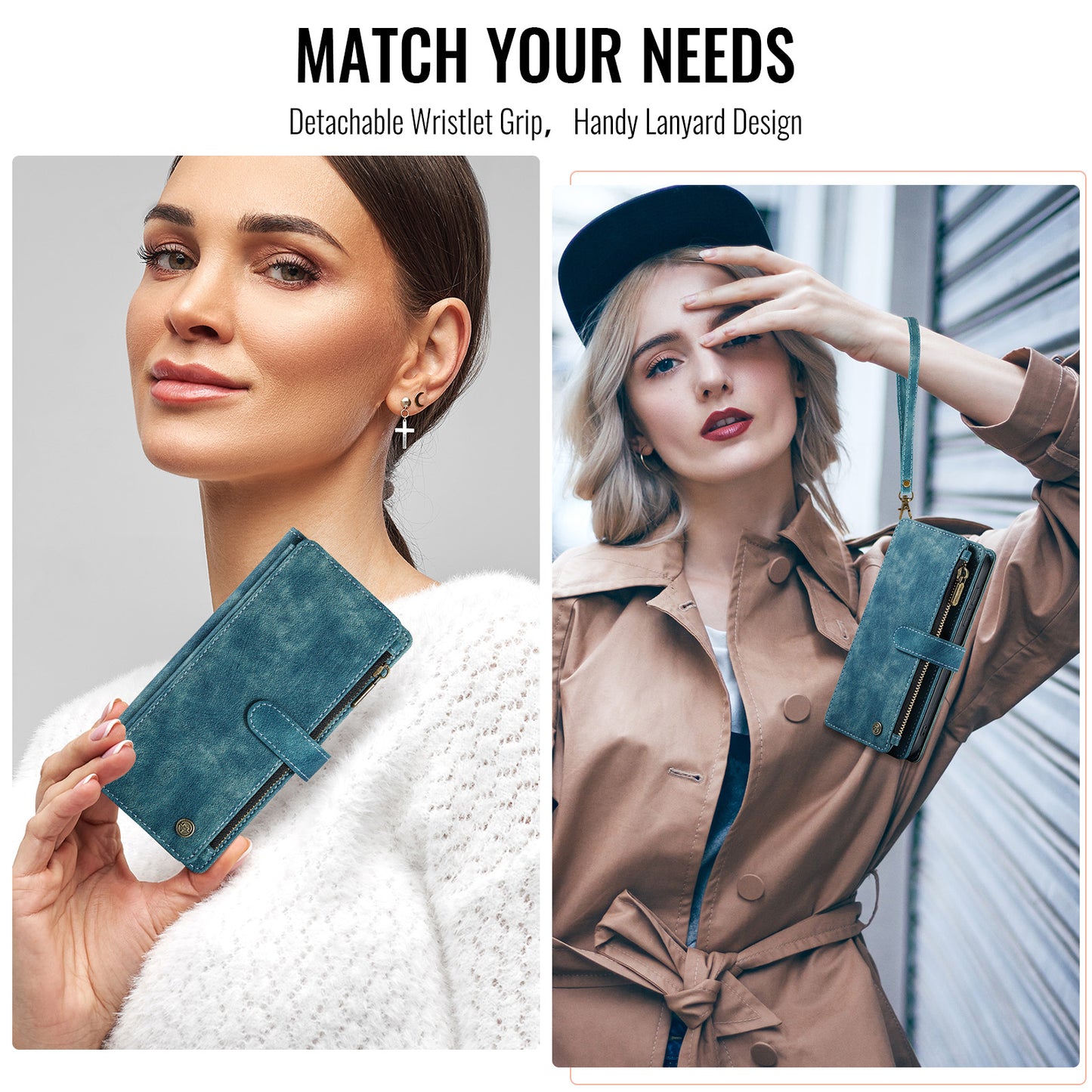 For Samsung Galaxy Z Fold7 5G Phone Cases with Strap CASEME C30 Zipper Multiple Card Holder PU Leather Cover - Blue