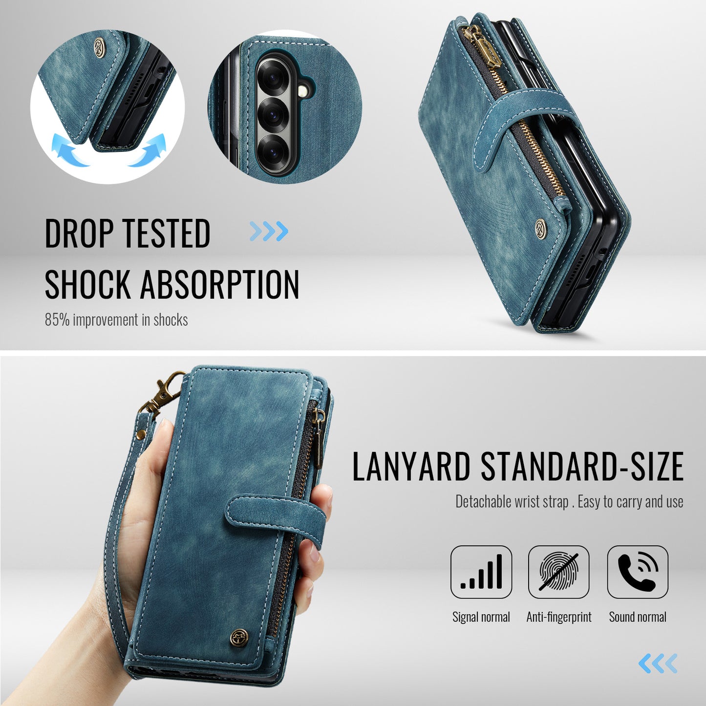 For Samsung Galaxy Z Fold7 5G Phone Cases with Strap CASEME C30 Zipper Multiple Card Holder PU Leather Cover - Blue