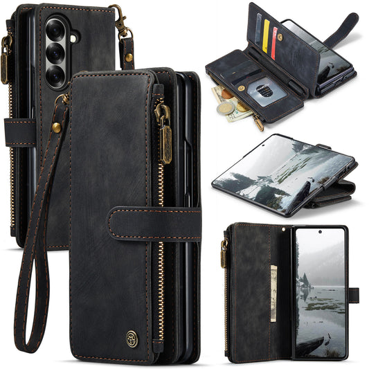 For Samsung Galaxy Z Fold7 5G Phone Cases with Strap CASEME C30 Zipper Multiple Card Holder PU Leather Cover - Black